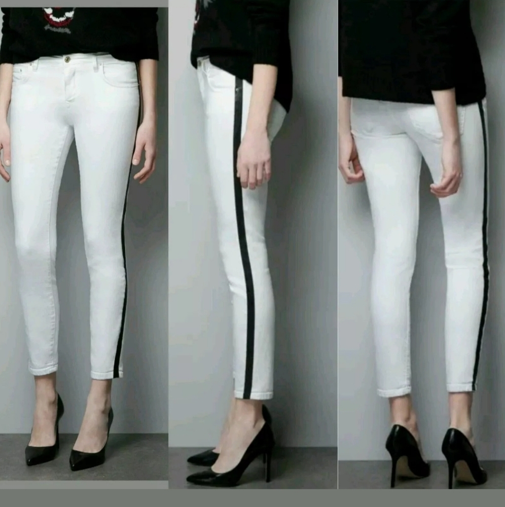 Zara Ivory Premium Denim Tuxedo Faux Leather jeans